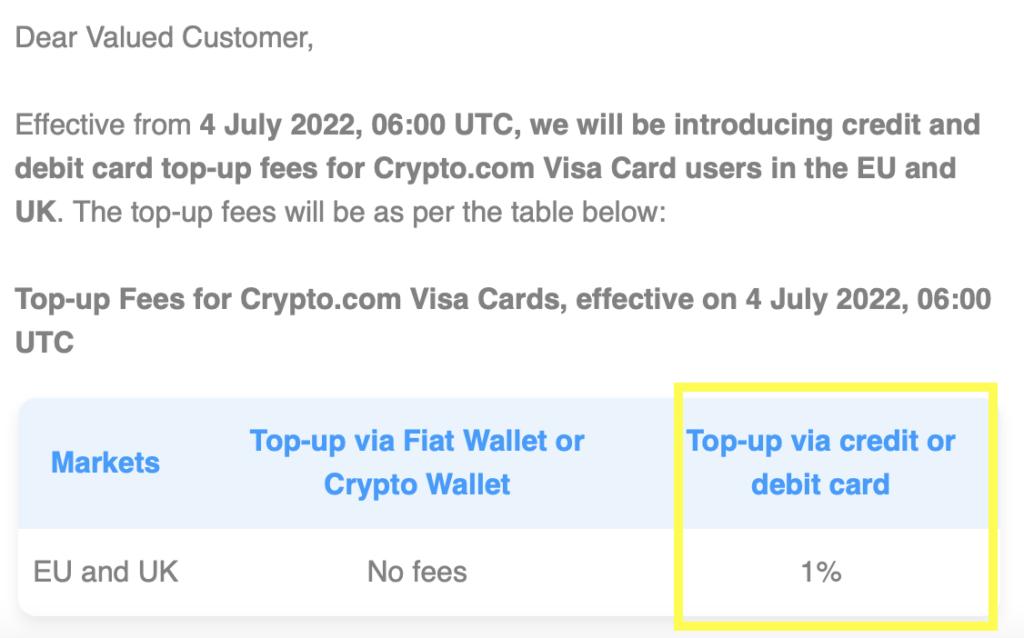 Top Up Gebühren Crypto.com Kreditkarte EU Kunden ab 04 Juli 2022