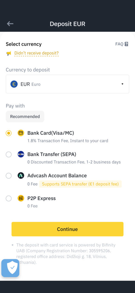 Aufladen der Binance Kreditkarte über das Handy App